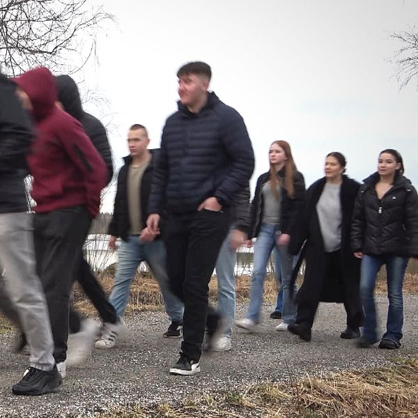 Här går eleverna i Skinnskatteberg på promenad.