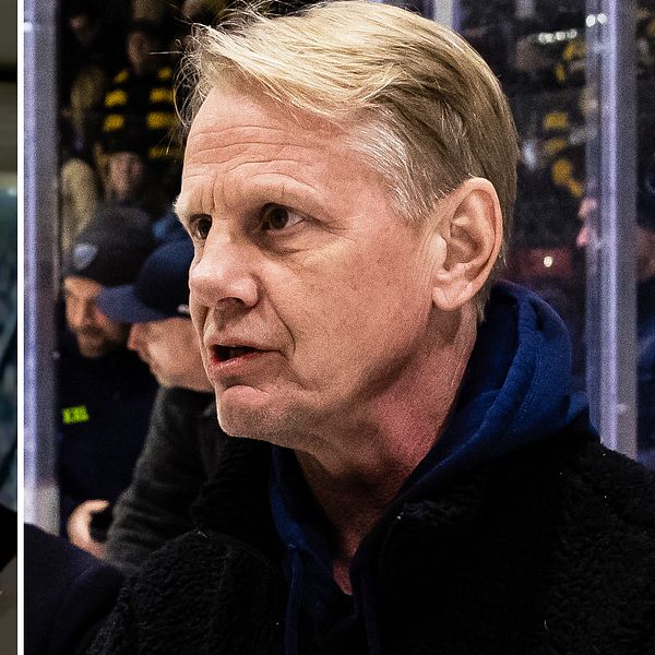 Tvådelad bild. Till vänster intervju i tv med SVT-mikrofon, till höger person vid hockeyrink.