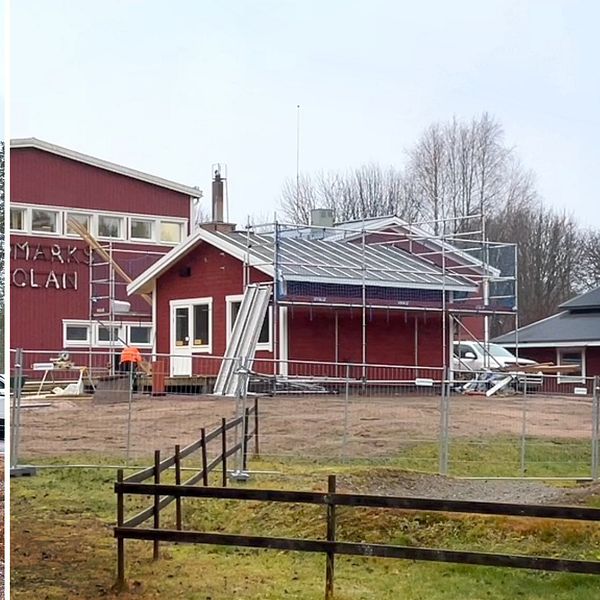 Vägskylt mot Sälen och Tandådalen samt det gamla brandgaraget i Rörbäcksnäs under upprustning.