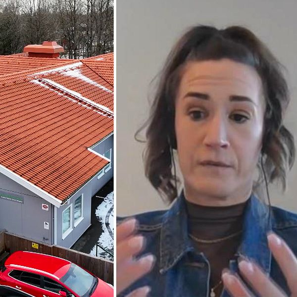 Tvådelad bild. Vänster: takvy över grå byggnad med rött tak. Höger: En kvinna som gestikulerar.