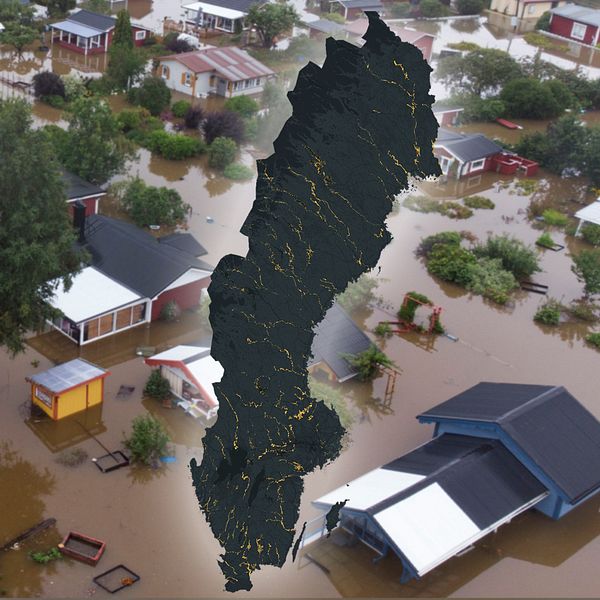 Översvämmande områden med flera hus delvis nedsänkta i vatten, omgivna av vegetation. I nederkant av bilden syns en silhuett av Sverige, vilket markerar platsen för översvämningarna.