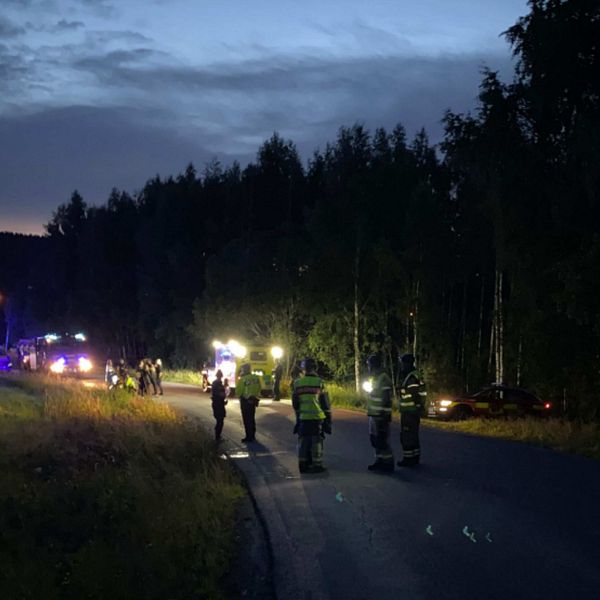 Delad bild med blommor till vänster och poliser vid olycksplatsen i mörker.