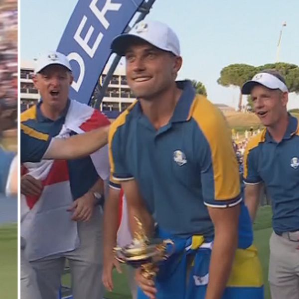 Här firar Ludvig Åberg och Tommy Fleetwood efter segern i Ryder Cup