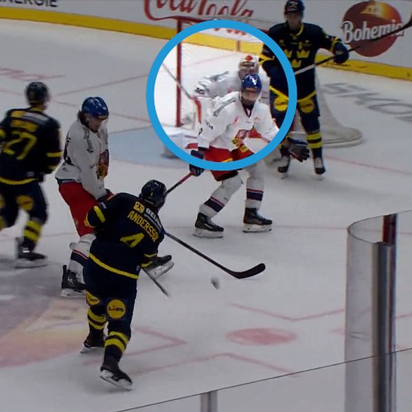 Delad bild. Till vänster: Tre Kronor-spelare i närbild. Till höger: hockeymatch på isen.