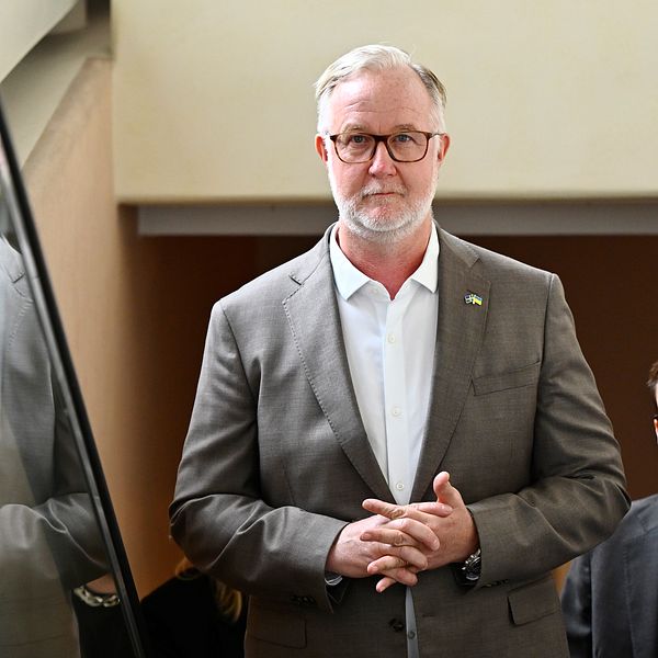 Johan Pehrson, partiledare för Liberalerna, i rulltrappan.