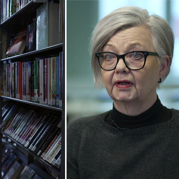 Bild på bibliotekshyllor samt Anne Lund enhetshef för kulturstöd, kulturförvaltningen Stockholms stad