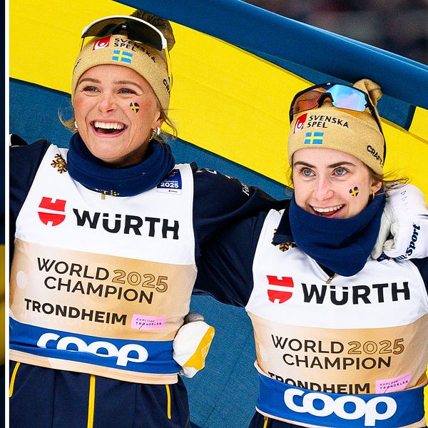 Armand Duplantis, Frida Karlsson och Ebba Andersson poserar med medaljer och svensk flagga.