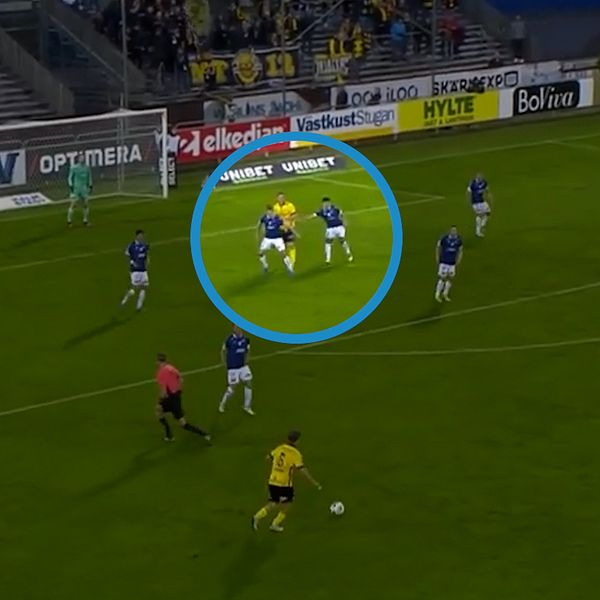 Delad bild. Vänster: spelare i Mjällbytröja. Höger: fotbollsmatch, spelare i närkamp markerad.