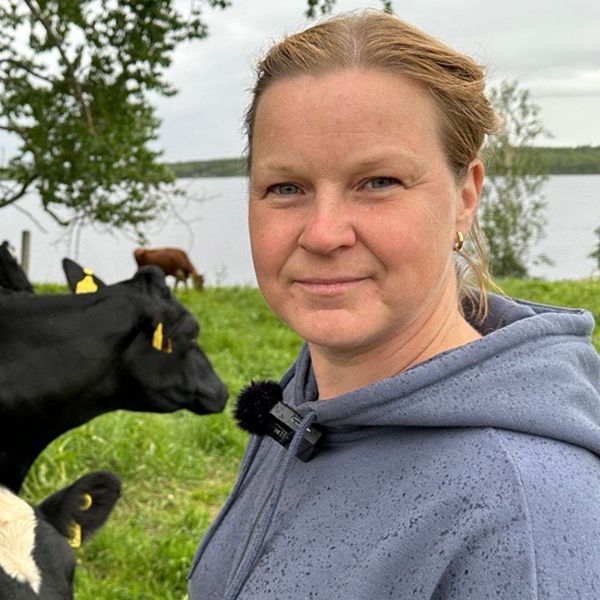 Ida Oderstål står på en gräsmatta med sina kor