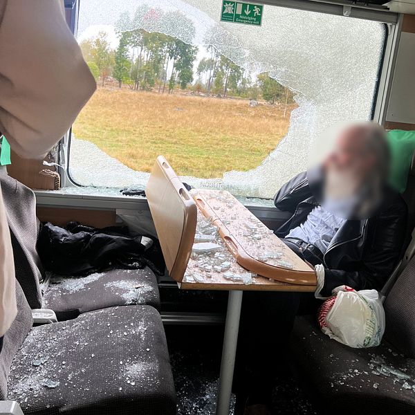 En delad bild som visar en tågkupé efter en incident. Den vänstra sektionen visar en krossad tågvals framruta med sprickor och glasskärvor på golvet, samt en utsikt över en grönskande landskap. Den högra sektionen visar en passagerare som sitter vid ett bord med nedskriven yta, omgiven av glassplitter på sätet, vilket indikerar en nyligen inträffad skada.