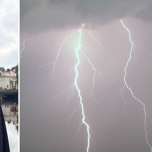 Reporter med mick står i regn och rapporterar, bredvid en genrebild på en blixt.