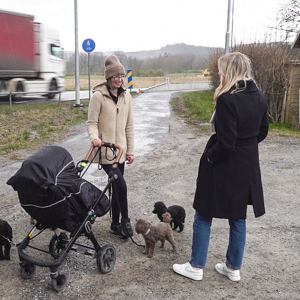 Två kvinnor står vid en väg där en lastbil åker förbi. En av kvinnorna har en barnvagn och tre hundar bredvid sig.