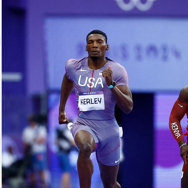 Delad bild. Vänster: man mot ljus bakgrund. Höger: amerikansk sprinter springer lopp.