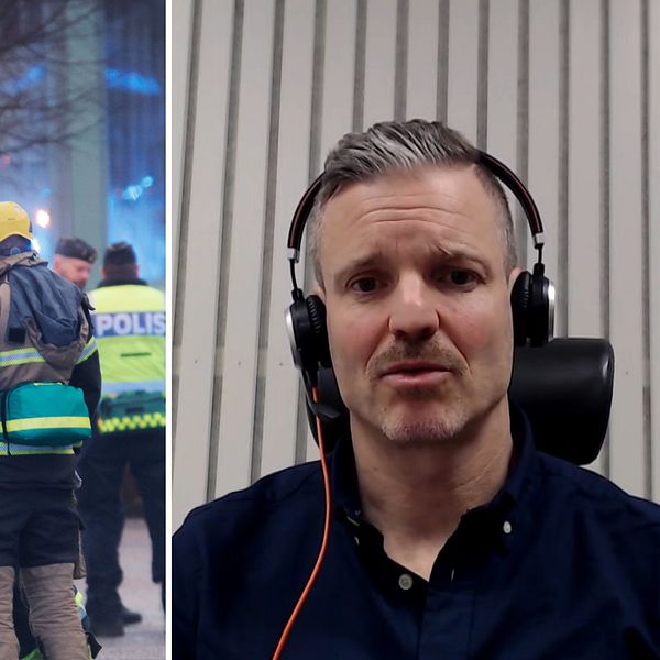 Tvådelad bild. Till vänster: Räddningspersonal vid en ambulans. Till höger: Man med hörlurar.