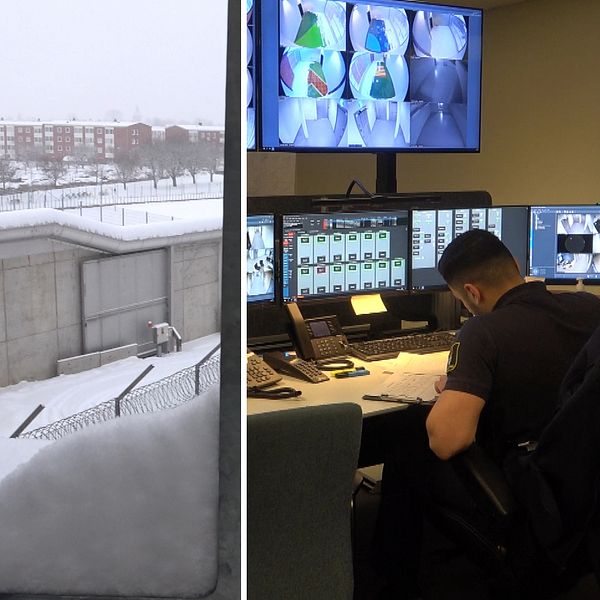 En kriminalvårdare utanför celldörrar, utsikt från Salbergaanstalten, en man framför en dataskärm med bilder från övervakningskameror.