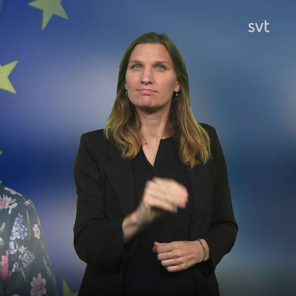 Programledare Mathilde tecknar satsa bredvid en bild på sjukvårdsminister Acko Ankarberg Johansson.