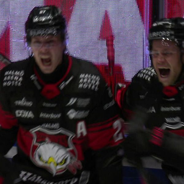 Tvådelad bild. Vänster: hockeyspelare vid målgården. Höger: spelare i svarta matchtröjor.