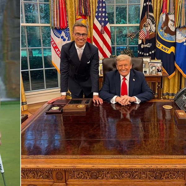 Alexander Stubb tillsammans med Donald Trump på golfbana och i Ovala rummet i Vita huset.