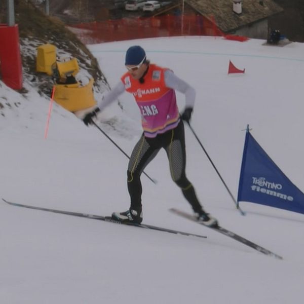 Mathias Fredriksson i skidspåret under tävling