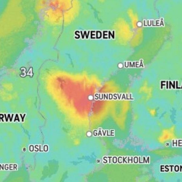 Bilden på hur Västernorrland drabbats av höga partikelvärden.