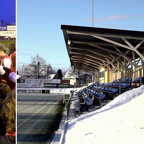 Fotbollsspelare och supportrar jublar/Fotbollsläktare vintertid