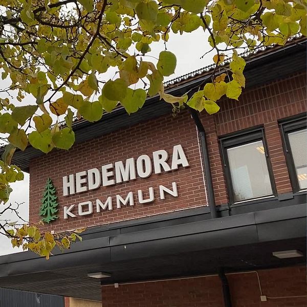 Tvådelad bild. Till vänster: person i blå kappa. Till höger: Hedemora kommuns byggnad.
