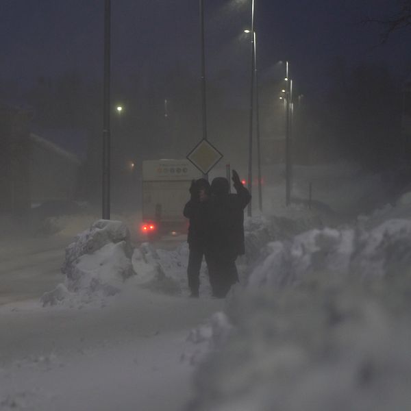 Människor som är ute och går i en snöstorm