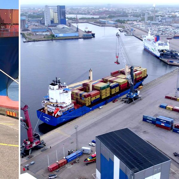 Man på kajen och lastfartyg i Halmstads hamn.