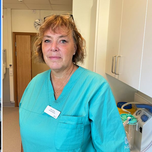 Till vänster: exteriör på en hög byggnad framför blå himmel. Till höger: verksamhetschefen Maria Carles i blå yrkesmundering.