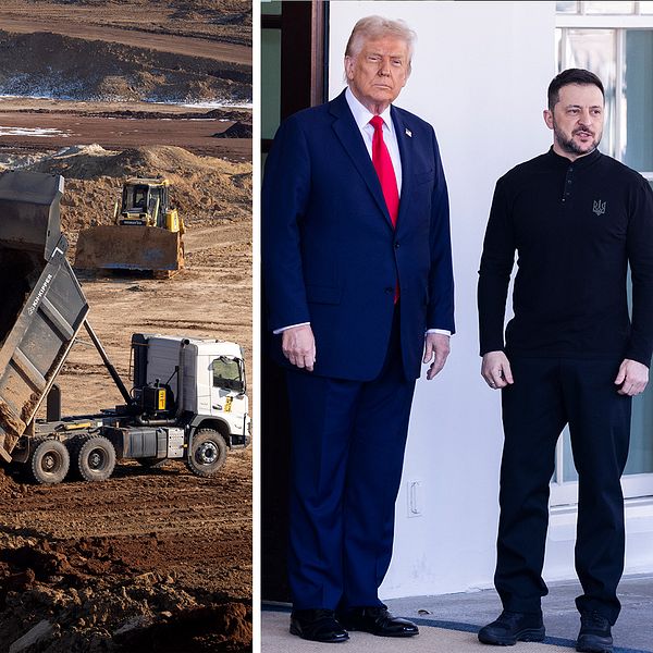 Tredelad bild. Vänster: person i kavaj. Mitten: lastbil tippas på byggarbetsplats. Höger: Trump och Zelenskyj.