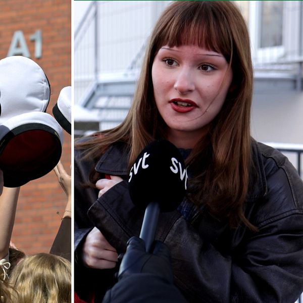 En delad bild med två sektioner. Till vänster hålls flera studentmössor upp i luften av en grupp människor. Till höger syns en kvinna i jacka, snö ligger på marken.
