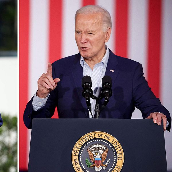 Una imagen de Trump hablando junto a una imagen de Biden hablando.