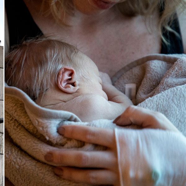 Karolinska sjukhusets logga och en kvinna som håller i en nyfödd bebis