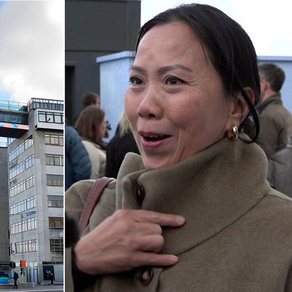 Till vänster är en bild på Katarinahissen, till höger syns en kvinna som precis åkt hissen för första gången.