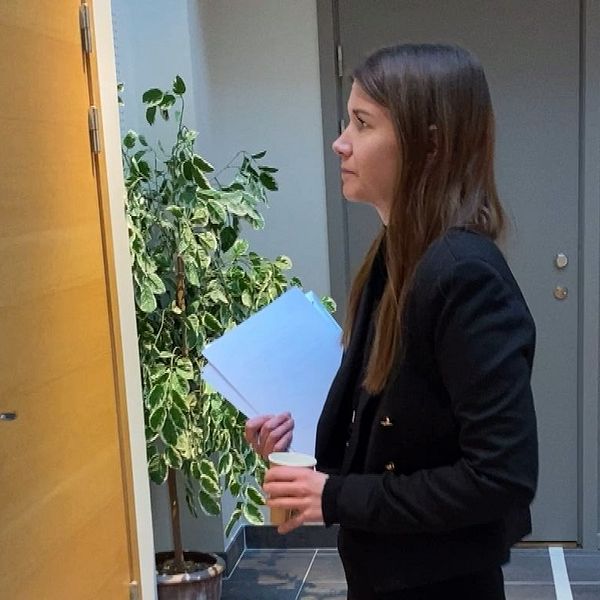 Åklagaren Maria Lindgren står utanför rättssalen i Sundsvalls tingsrätt och tittar mot dörren