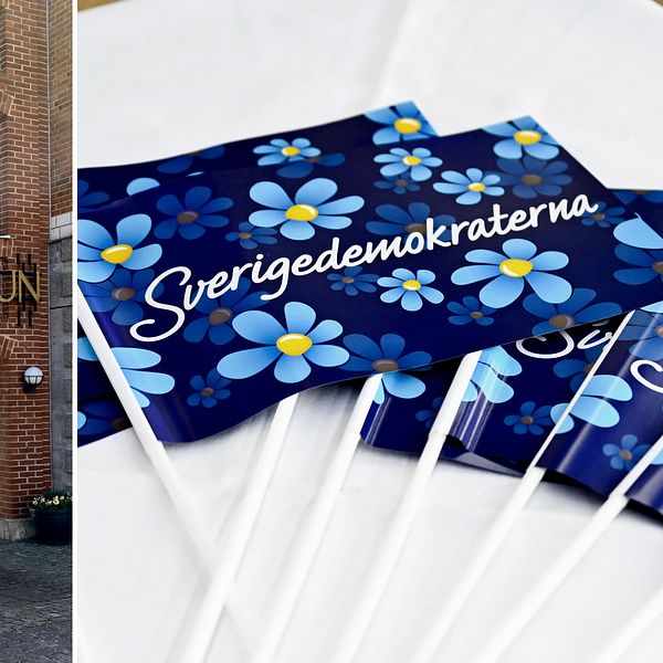 Delad bild på dels fasaden till Sölvesborgs stadshus och dels flaggor med Sverigedemokraternas logotyp.