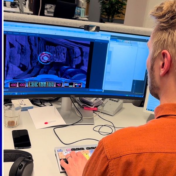 Delad bild. Till vänster: termisk bild av flygplan. Till höger: person vid dator med Duke Nukem 3D på skärm.