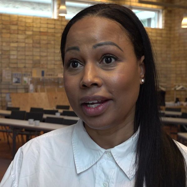 Tvådelad bild. Till vänster: staplade återvinningsbalar med kläder. Till höger: Alice Bah Kuhnke blir intervjuad av SVT.