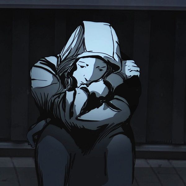 En delad bild som visar en officiell dokumentation om kontaktförbud på vänster sida, med rubriken ”BESLUT OM KONTAKTFÖRBUD” och ett markerat avsnitt för skyddspersonens namn. Till höger avbildas en person i en hoodie som sitter ned och ser bekymrad ut, vilket förstärker temat av skydd och sårbarhet relaterat till kontaktförbudet.