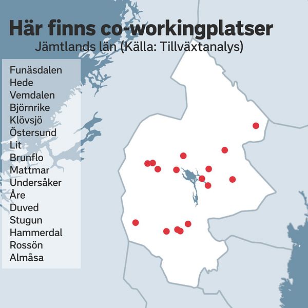 Till vänster reporter Maria Harning. Till höger en karta över Jämtlands län med en lista över platser med coworkingkontor