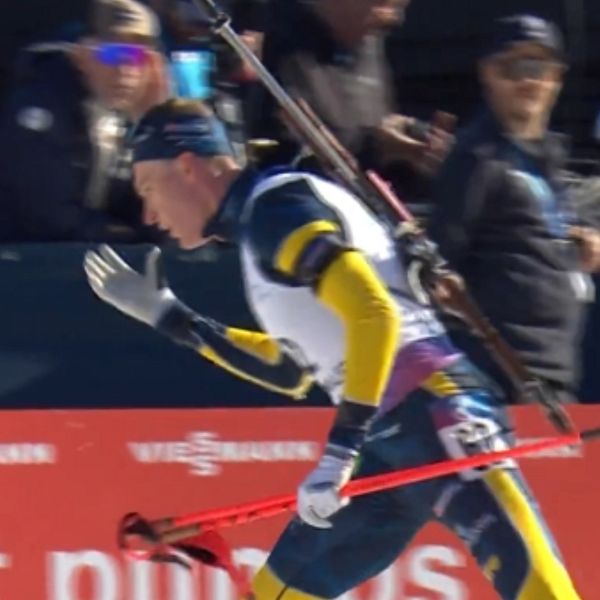 Tvådelad bild. Till vänster: Skidutrustning. Till höger: Skidskytt i tävling.