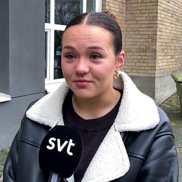 En delad bild som visar två personer som intervjuas utomhus. Den första personen bär en lila jacka med grön detaljer och står i en parkliknande miljö. Den andra personen har på sig en svart läderjacka med en pälskrage och står vid en byggnad med stora fönster. Båda håller i mikrofoner med logotypen för en nyhetskanal.