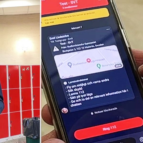 Bilden är delad i två sektioner. Den vänstra sektionen visar en person i en offentlig miljö, klädd i kostym och håller en mobiltelefon. Bakgrunden består av färgglada skåp mot en ljus vägg. Den högra sektionen visar närbild av en mobiltelefonskärm med en app där en varningsmeddelande visas.