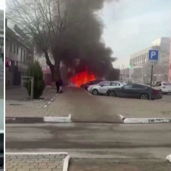 En så kallad dashcam fångar explosionen på gatan i Belgorod / till höger brand som följde på attacken.