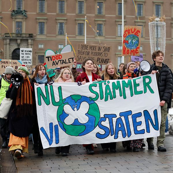 Till vänster närbild på Ida Edling, till höger ett demonstrationståg