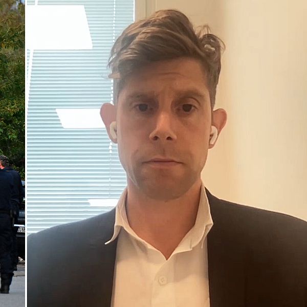 Till vänster syns byggnader och poliser. Till höger är en bild inklippt av Mäklarsamfundets kommunikatör.