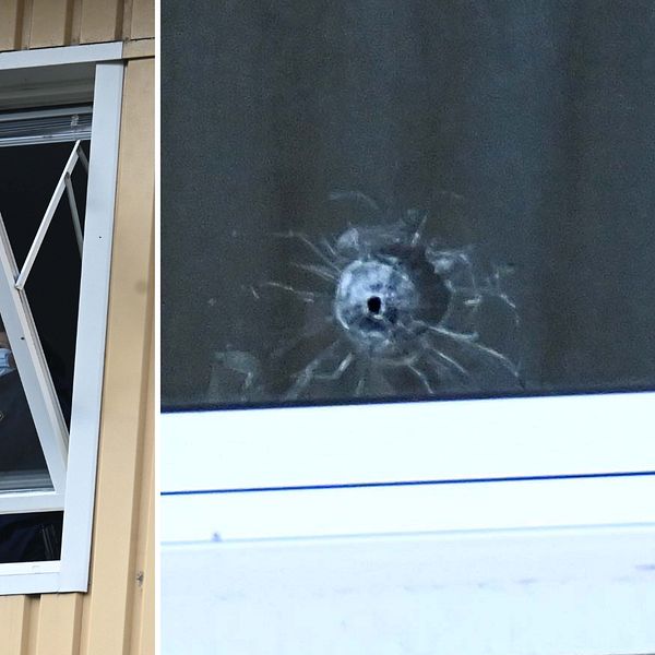 Polis genomför undersökning av skadat fönster, ser ut som skotthål