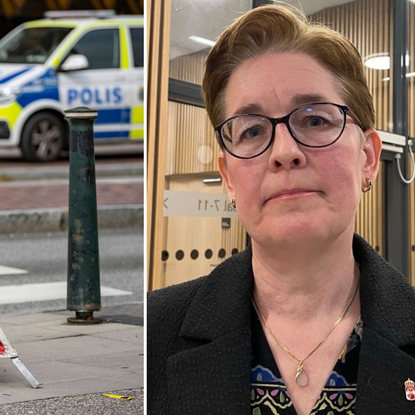 Tvådelad bild. Ena sidan med varningstriangel med polis och andra sidan med chefsrådman Anna Täcklind.