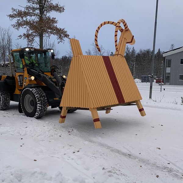 En kvinna i mössa står utomhus till vänster. Till höger fraktas en julbock.