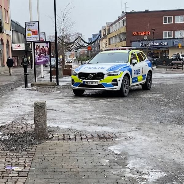 Delad bild. Till vänster en dam, klädd i blått- Till höger, en polisbild på ett torg i Strängnäs